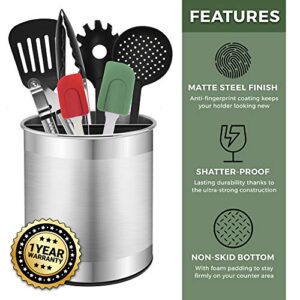 Bartnelli Extra Large Stainless Steel Kitchen Utensil Holder - 360° Rotating Utensil Caddy - Weighted Base for Stability - Countertop Organizer Crock With Removable Divider (Brushed Stainless Steel)