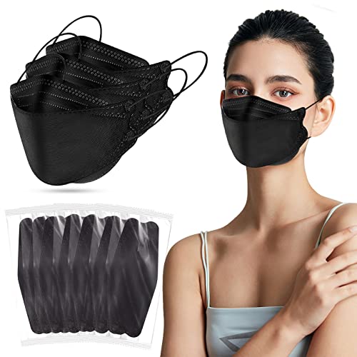 60PCS KF94 Disposable Face Mask, Disposable Individually Packaged Masks, Fish Mouth Type 4-Ply Breathable Mask with Adjustable Nose, Comfortable Breathable. Outdoor, Daily Use ( Black )