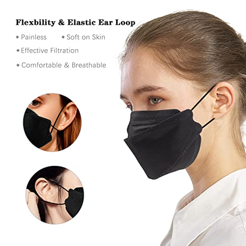 60PCS KF94 Disposable Face Mask, Disposable Individually Packaged Masks, Fish Mouth Type 4-Ply Breathable Mask with Adjustable Nose, Comfortable Breathable. Outdoor, Daily Use ( Black )