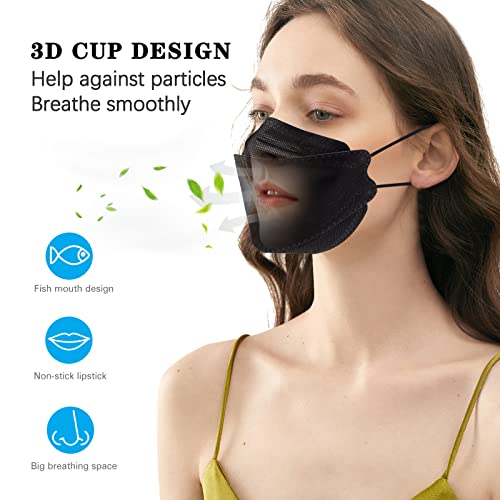 60PCS KF94 Disposable Face Mask, Disposable Individually Packaged Masks, Fish Mouth Type 4-Ply Breathable Mask with Adjustable Nose, Comfortable Breathable. Outdoor, Daily Use ( Black )