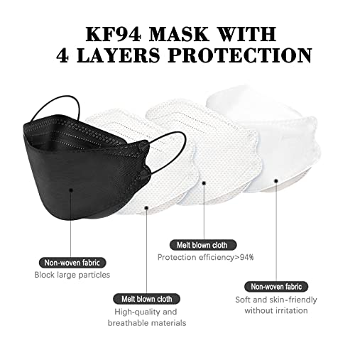 60PCS KF94 Disposable Face Mask, Disposable Individually Packaged Masks, Fish Mouth Type 4-Ply Breathable Mask with Adjustable Nose, Comfortable Breathable. Outdoor, Daily Use ( Black )