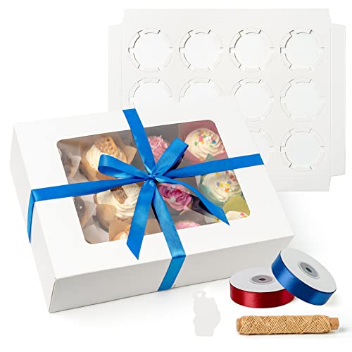 katbite Cupcake Boxes, 15-Set Cupcake Containers 12 Count, Food Grade Kraft Thick Cupcake Carrier Boxes with 2 Color Gift Ribbons, Twine, Cards and Inserts to Hold Cupcakes, Pastries and Cookies