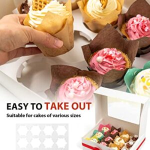 katbite Cupcake Boxes, 15-Set Cupcake Containers 12 Count, Food Grade Kraft Thick Cupcake Carrier Boxes with 2 Color Gift Ribbons, Twine, Cards and Inserts to Hold Cupcakes, Pastries and Cookies