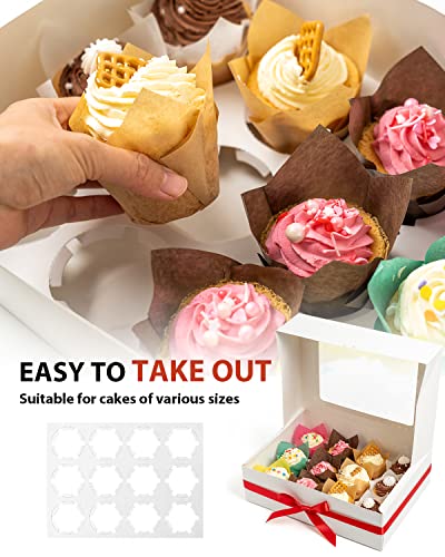 katbite Cupcake Boxes, 15-Set Cupcake Containers 12 Count, Food Grade Kraft Thick Cupcake Carrier Boxes with 2 Color Gift Ribbons, Twine, Cards and Inserts to Hold Cupcakes, Pastries and Cookies