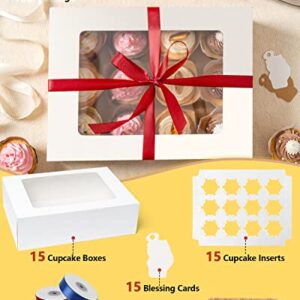 katbite Cupcake Boxes, 15-Set Cupcake Containers 12 Count, Food Grade Kraft Thick Cupcake Carrier Boxes with 2 Color Gift Ribbons, Twine, Cards and Inserts to Hold Cupcakes, Pastries and Cookies