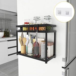 FLE Under Sink Organizer, 2 Tier Metal Under Bathroom Sink Storage Baskets with Hooks, Self Adhesive Black Under Sink Shelf Organizer for Bathroom Kitchen