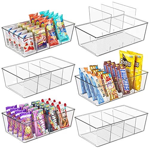 Moretoes 6 Pack Clear Plastic Storage Bins with Dividers, Food Storage Organizer Bins for Pantry Kitchen Fridge Cabinet Organization, 4 Compartment Holder for Organize Packets Spices Pouches Snacks