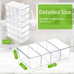 Moretoes 6 Pack Clear Plastic Storage Bins with Dividers, Food Storage Organizer Bins for Pantry Kitchen Fridge Cabinet Organization, 4 Compartment Holder for Organize Packets Spices Pouches Snacks