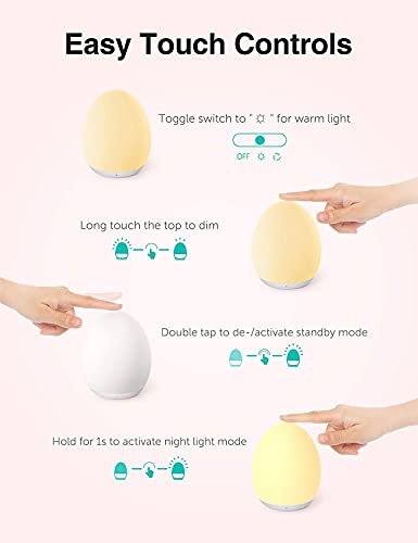 JolyWell Night Light for Kids with 7 Color Changing Mode & Dimming Function, Rechargeable Baby Egg Night Light with 1 Hour Timer&Touch Control, up to 100H, White