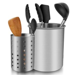 utensil holder for countertop, enloy stainless steel rust proof kitchen utensils holder organizer for forks, spoons, knives, kitchenware, dishwasher safe, set of 2