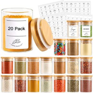 4oz glass spice jars with bamboo lids, 20 pack clear borosilicate glass food storage containers with wooden airtight lids, cylinder glass bottles with lids for kitchen spice sugar salt coffee tea