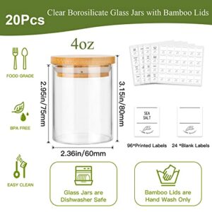 4oz Glass Spice Jars with Bamboo Lids, 20 Pack Clear Borosilicate Glass Food Storage Containers with Wooden Airtight Lids, Cylinder Glass Bottles with Lids for Kitchen Spice Sugar Salt Coffee Tea