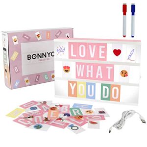 pink cinema light box with 400 letters & emojis & 2 markers – bonnyco | led light box home, office & room decor | light up sign letters board gifts for women & girls christmas & birthdays | pink decor