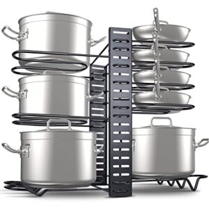 vikiciy pots and pans organizer for cabinet, pot racks 8 tiers adjustable for kitchen organization and storage, pan organizer rack for cabinet, pot organizer, pot lid organizer, pan holders, black
