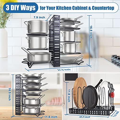 Vikiciy Pots and Pans Organizer for Cabinet, Pot Racks 8 Tiers Adjustable for Kitchen Organization and Storage, Pan Organizer Rack for Cabinet, Pot Organizer, Pot Lid Organizer, Pan Holders, Black
