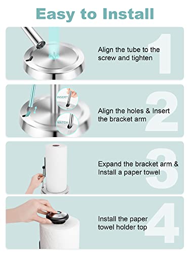 SMARTAKE Standing Paper Towel Holder, Rustproof Paper Towel Organizer with Tension Arm, Modern Toilet Paper Holder with Weighted Base, Roll Dispenser for Kitchen Countertop Home Dining Table, Silver