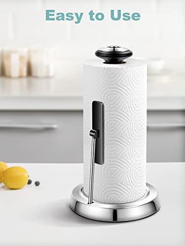 SMARTAKE Standing Paper Towel Holder, Rustproof Paper Towel Organizer with Tension Arm, Modern Toilet Paper Holder with Weighted Base, Roll Dispenser for Kitchen Countertop Home Dining Table, Silver