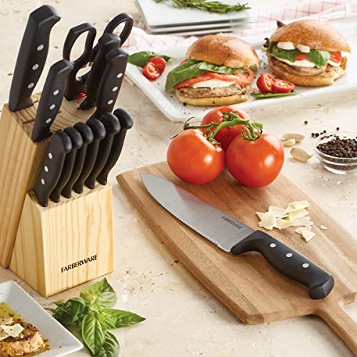 Farberware 22-Piece Never Needs Sharpening Triple Rivet High-Carbon Stainless Steel Knife Block and Kitchen Tool Set, Black