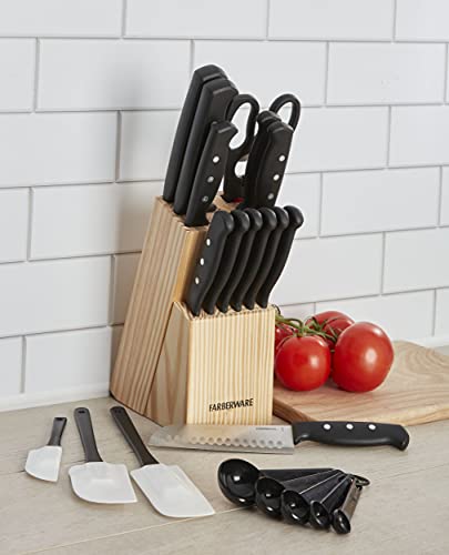 Farberware 22-Piece Never Needs Sharpening Triple Rivet High-Carbon Stainless Steel Knife Block and Kitchen Tool Set, Black