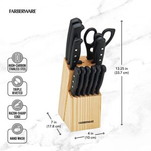 Farberware 22-Piece Never Needs Sharpening Triple Rivet High-Carbon Stainless Steel Knife Block and Kitchen Tool Set, Black