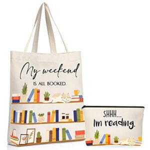 sieral 2 pcs book lovers gifts bookshelf tote bag makeup reading canvas bag reusable book tote bag cosmetic pencil cases school bag gift with metal zipper bookish librarian gifts for women teacher