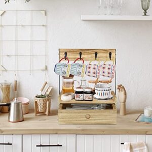 Rustic Coffee Station Organizer for Counter, Wood Coffee Mug Holder Stand with 8 Mug Hooks, Coffee Mug Tree Rack with Drawer and Storage Shelf, Coffee Bar Accessories Organizer Kitchen Storage Racks