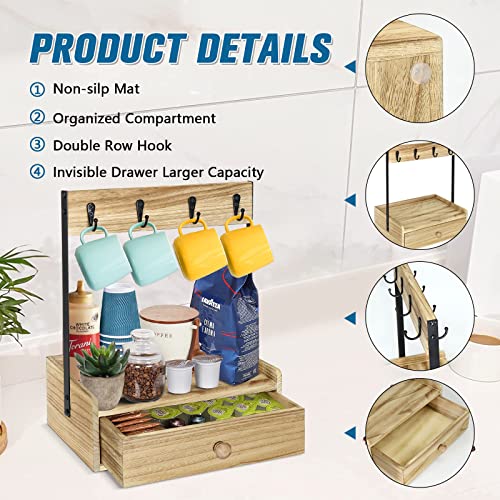 Rustic Coffee Station Organizer for Counter, Wood Coffee Mug Holder Stand with 8 Mug Hooks, Coffee Mug Tree Rack with Drawer and Storage Shelf, Coffee Bar Accessories Organizer Kitchen Storage Racks