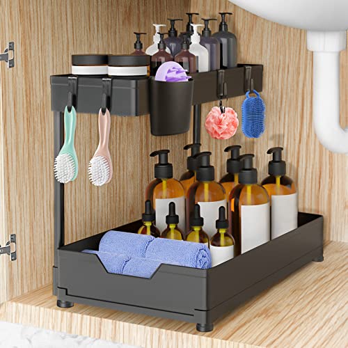 Verdenu Under Sink Organizer and Storage, 2-Tier Pull Out Organizer with Sliding Drawer, Cabinet Organizer with Extra 4 Hooks and 1 Hanging Cup for Under Kitchen Sink, Bathroom, Office