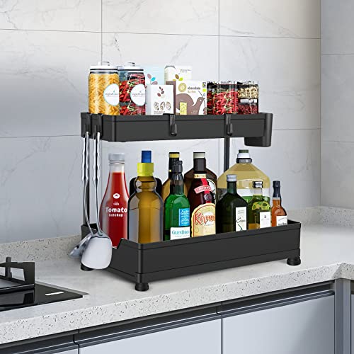 Verdenu Under Sink Organizer and Storage, 2-Tier Pull Out Organizer with Sliding Drawer, Cabinet Organizer with Extra 4 Hooks and 1 Hanging Cup for Under Kitchen Sink, Bathroom, Office