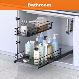 Lekind Under Sink Cabinet Organizer Storage with 2 Tier Pull Out Sliding Shelf with Protective Shelf Liners for Kitchen Bathroom Cabinet, Black