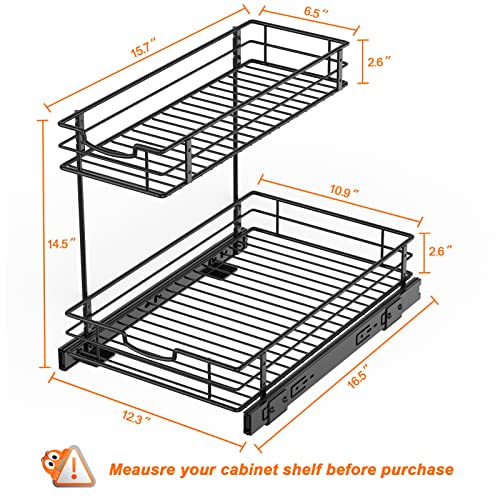 Lekind Under Sink Cabinet Organizer Storage with 2 Tier Pull Out Sliding Shelf with Protective Shelf Liners for Kitchen Bathroom Cabinet, Black