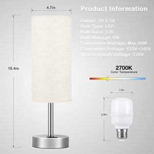 Touch Table Lamps for Bedroom Nightstand - Bedside Lamps with USB-C USB-A Charging Ports White, 3 Way Dimmable Control Small Lamp Fabric Shade Silver Base for Bedroom, Office, Living Room, Reading