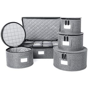 storagelab china storage set, hard shell and stackable, for dinnerware storage and transport, protects dishes cups and mugs, felt plate dividers included (gray, 5 piece quilted set for china storage)