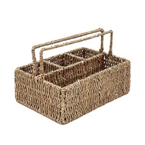 madeterra large wicker utensil caddy carrier | seagrass woven condiment holder for table – kitchen set counter top organizer – rustic small storage for dinner set , wine