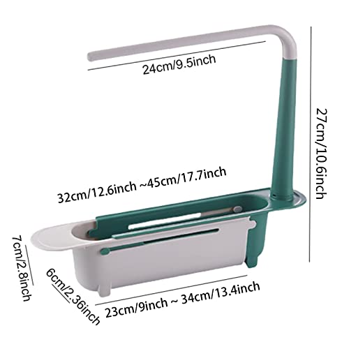 cearwany Telescopic Sink Storage Rack Holder, Adjustable 2 in 1 Drainer Basket Tray Sponge Soap Holder, Expandable Sink Organizer Holder Dish Cloth Hanger for Home Kitchen, Green