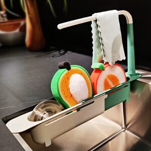 cearwany Telescopic Sink Storage Rack Holder, Adjustable 2 in 1 Drainer Basket Tray Sponge Soap Holder, Expandable Sink Organizer Holder Dish Cloth Hanger for Home Kitchen, Green