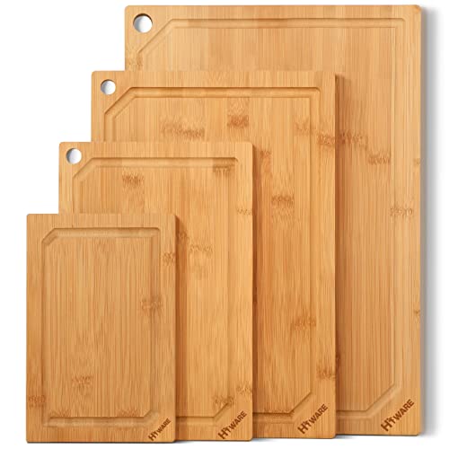 Hiware 4-Piece Bamboo Cutting Boards Set for Kitchen, Heavy Duty Cutting Board with Juice Groove, Bamboo Chopping Board Set for Meat, Vegetables - Pre Oiled, Extra Large