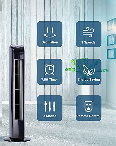 Uthfy Oscillating Tower Fan with Remote, Electric Standing Tower Fan Floor Fan for Bedroom Indoor Office and Home Use,Quiet Cooling Portable Bladeless Tower Fans, 30 inchs, Black Tower Fan