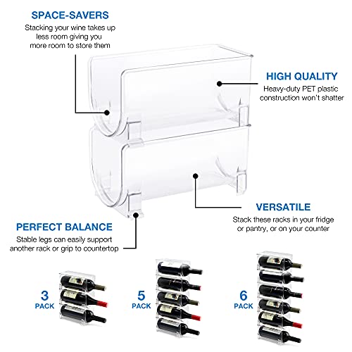 ELTOW Wine Holder Plastic Wine Rack (6-Pack) Stackable Display and Fridge Storage System - Clear, Heavy-Duty PET Plastic - Great for Home Kitchen Refrigerator, Bar, Countertop, or Dining Room