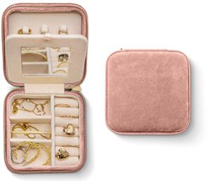 plush velvet travel jewelry box organizer | travel jewelry case, jewelry travel organizer | small jewelry box for women, jewelry travel case | earring organizer with mirror – dusty pink