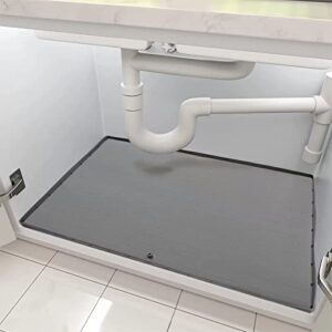 under sink mat waterproof, 34”x22” silicone under sink liner, durable cabinet protector mats with drain hole, kitchen bathroom under sink liner drip tray for water drips, leaks, spills (grey)