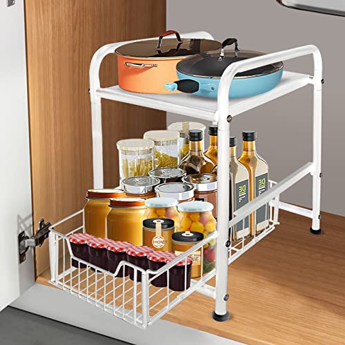 Under Sink Organizers and Storage, Nevfiro 2-Tier Pull Out Sliding Drawer Under Sink Shelf Organizer Metal Cabinet Basket Organizer for Kitchen Bathroom Countertop Laundry