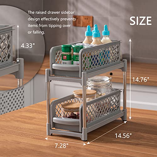 ZOINLIY Pull Out 2-Tier Storage Baskets Organizer with Handles Grey, Narrow Under Sink Organizer for Bathroom Kitchen, Cosmetic Organizer Drawers, Countertop Cabinet Storage Shelf Holder