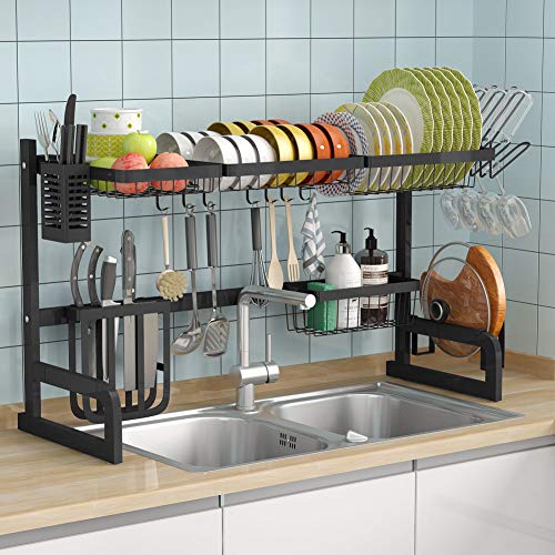 1Easylife Over The Sink Dish Drying Rack Adjustable 2-Tier Large Dish Dryer Rack for Kitchen Organizer Storage Space Saver Shelf Utensils Holder with 7 Utility Hook Tableware Drainer (Black)