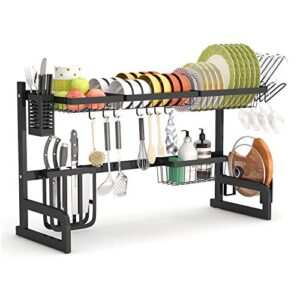 1Easylife Over The Sink Dish Drying Rack Adjustable 2-Tier Large Dish Dryer Rack for Kitchen Organizer Storage Space Saver Shelf Utensils Holder with 7 Utility Hook Tableware Drainer (Black)