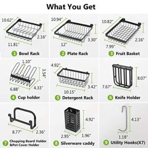 1Easylife Over The Sink Dish Drying Rack Adjustable 2-Tier Large Dish Dryer Rack for Kitchen Organizer Storage Space Saver Shelf Utensils Holder with 7 Utility Hook Tableware Drainer (Black)