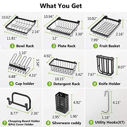 1Easylife Over The Sink Dish Drying Rack Adjustable 2-Tier Large Dish Dryer Rack for Kitchen Organizer Storage Space Saver Shelf Utensils Holder with 7 Utility Hook Tableware Drainer (Black)