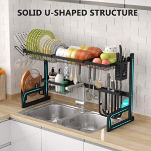 1Easylife Over The Sink Dish Drying Rack Adjustable 2-Tier Large Dish Dryer Rack for Kitchen Organizer Storage Space Saver Shelf Utensils Holder with 7 Utility Hook Tableware Drainer (Black)