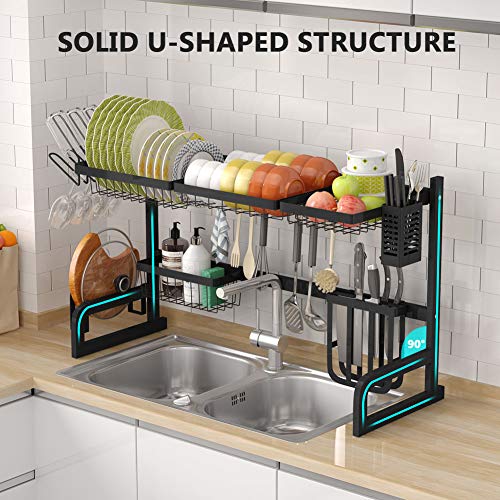 1Easylife Over The Sink Dish Drying Rack Adjustable 2-Tier Large Dish Dryer Rack for Kitchen Organizer Storage Space Saver Shelf Utensils Holder with 7 Utility Hook Tableware Drainer (Black)