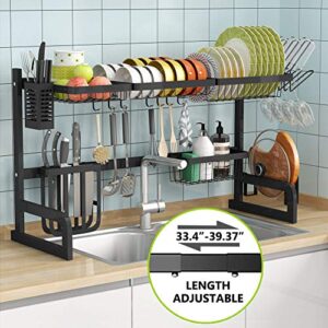 1Easylife Over The Sink Dish Drying Rack Adjustable 2-Tier Large Dish Dryer Rack for Kitchen Organizer Storage Space Saver Shelf Utensils Holder with 7 Utility Hook Tableware Drainer (Black)